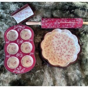 Temptations By Tara Flower Lace Red Baking Set Rolling Pin, Muffin Pan, Pie Dish